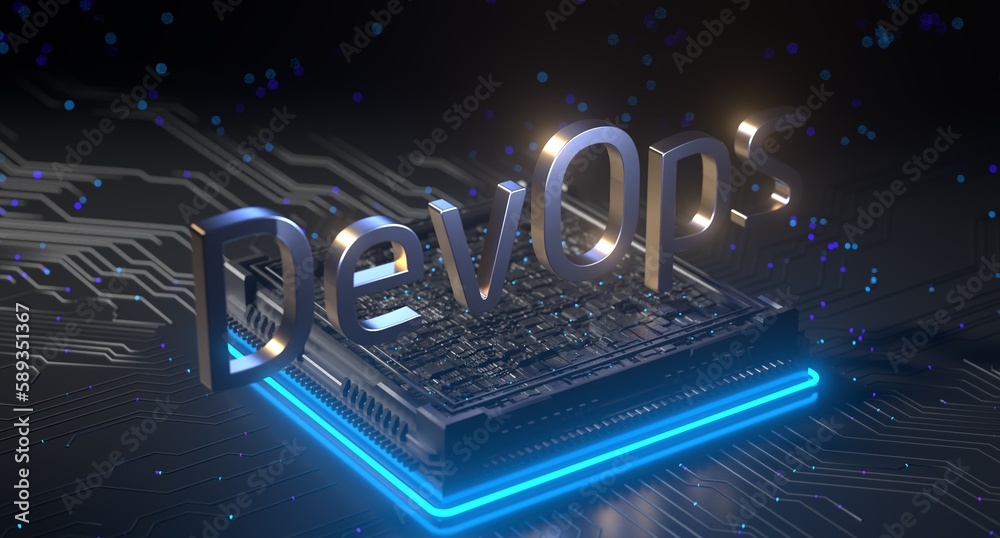 Wall mural devops software development operations infinity symbol. web development concept in isometric design.
