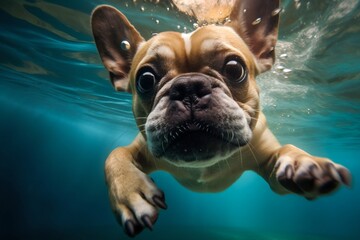 Funny dog swimming underwater. Generative AI