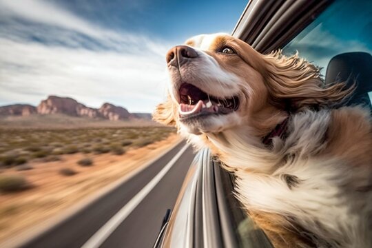 Dog hanging out of the window in driving car. Generative AI
