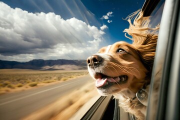 Dog hanging out of the window in driving car. Generative AI