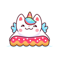 Caticorn character or cute unicorn cat animal vector personage. Cartoon caticorn, funny cat, kitty or kitten with rainbow colors unicorn horn, mane and wings swimming on water donut or swim ring