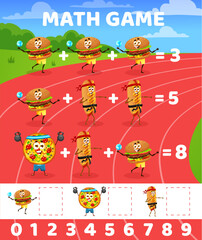 Cartoon fast food sportsman characters on running track, math game worksheet. Vector fast food hamburger, hot dog and pizza personages kids puzzle quiz with addition and subtraction exercises
