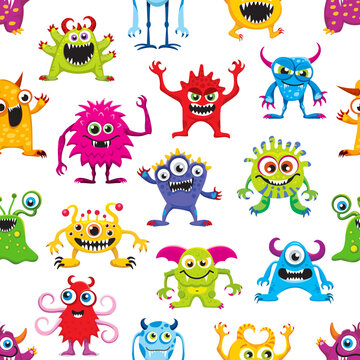 Cartoon monster characters seamless pattern and kids funny creatures vector background. Cute funny monsters and alien animal pattern of bizarre mutant, troll, yeti and goblins or cheerful gremlin