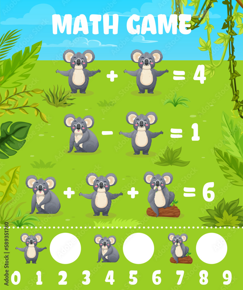 Poster funny koala bear characters math game worksheet. vector mathematics riddle with funny tropical anima