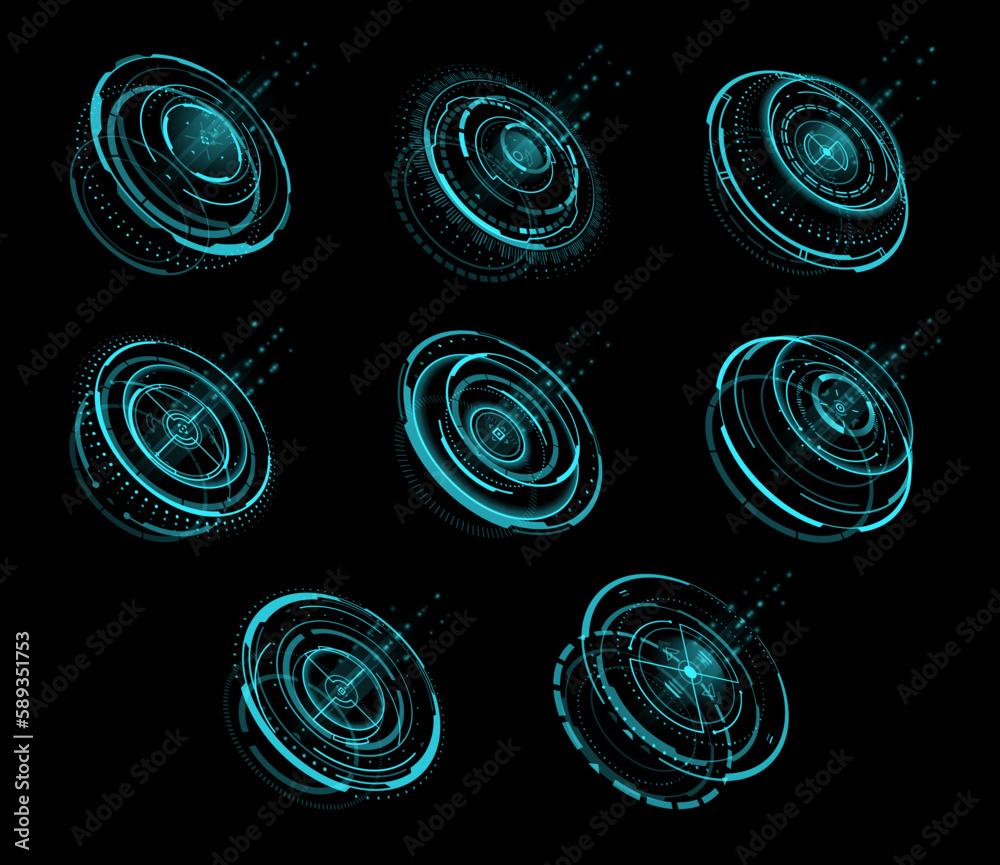 Leinwandbilder HUD circle holograms, digital futuristic technology or tech game vector interface, HUD screen UI of data circle holograms on display, future VR or virtual portal, teleport effect or Sci Fi elements