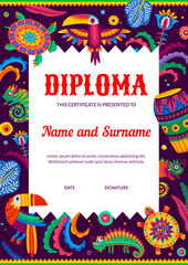 Kids diploma with brazilian drums, toucans and parrots, mexican chameleons and turtles. Educational school certificate vector gift frame with animals and musical instruments in alebrije style
