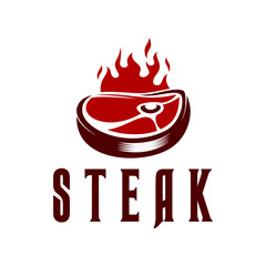 Steak grill icon, barbecue steakhouse symbol. Butcher store steak, butchery meat or hot beef vector icon or emblem. Restaurant BBQ grill gourmet sign or symbol with steak meat and fire flames
