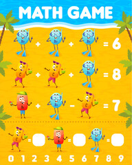 Cheerful vitamin characters on summer beach. Math game worksheet with vector personages. Funny B12 cobalamin, C ascorbic acid and B5 pantothenic acid capsules. Developing children counting skills task