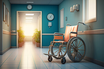 Fototapeta na wymiar Wheelchair in the hospital corridor. Neural network AI generated art