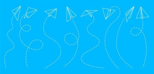 Paper aeroplane lines. Tourism trip or voyage paper airplane, air transport handmade plane or origami aircraft vector symbol. Airline transportation, freedom and creativity concept with toy aeroplane