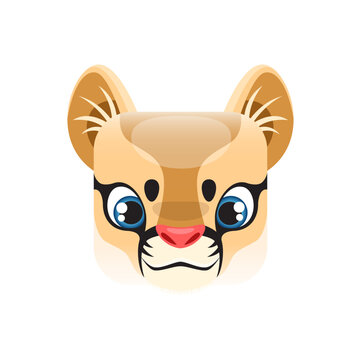 Lion cub cartoon kawaii square animal face, isolated vector lionet icon. Adorable predator character portrait with big eyes. Baby lion muzzle, app button, graphic design element