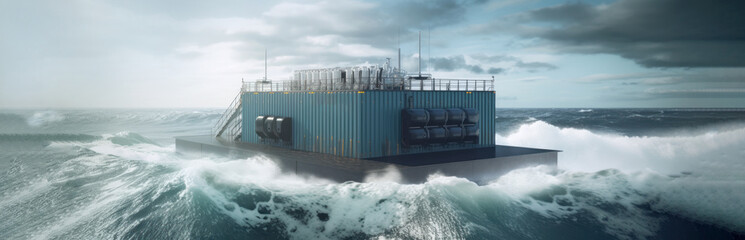 Renewable Energy. Ocean wave power generator or tidal power energy facility, in rough waters. Creates electricity from tidal energy. Future technology. Generative AI. - obrazy, fototapety, plakaty
