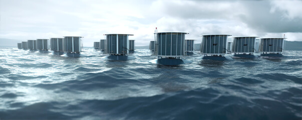 Renewable Energy. Small ocean wave power generator or tidal power energy facility array. Creates electricity from tidal energy. Future technology. Generative AI.