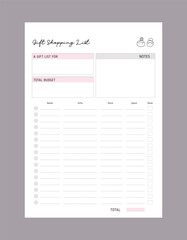 Gift shopping list planner. Minimalist planner template set. Vector illustration.	