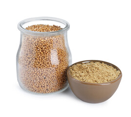 Aromatic mustard powder in bowl and glass jar with seeds on white background