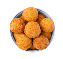 Bowl with delicious fried tofu balls on white background, top view