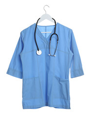 Light blue medical uniform and stethoscope on white background