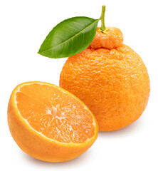 Sumo orange or Dekopon orange with leaves isolated on white background, Orange fruit with leaves on white background With clipping path.