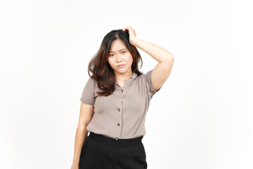 Hand on head with confused gesture Of Beautiful Asian Woman Isolated On White Background