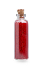 Glass bottle of red food coloring isolated on white