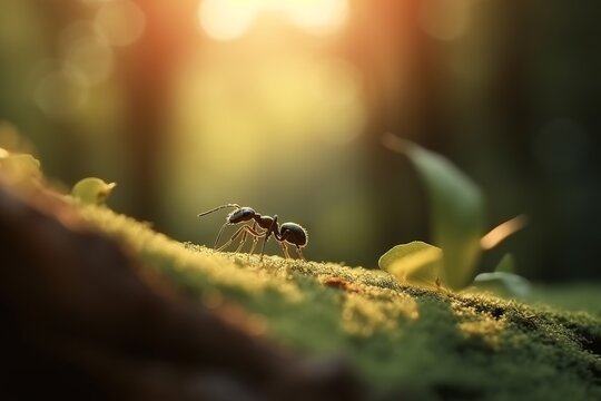 ants walk uphill alone on mossy wood for motivation picture.  Ant macro photography. Generative Ai