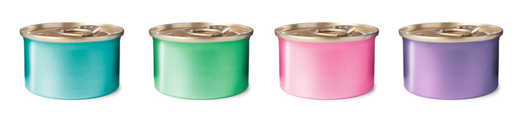 Set of metal cans on white background