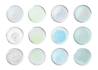 Set of Petri dishes with liquid samples isolated on white, top view