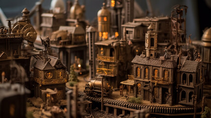 Obraz na płótnie Canvas Tilt-shift landscape of Miniature Steampunk cities made with Generative Ai