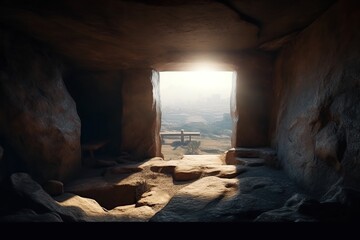 View from the stone inhabited cave on the panoramic natural landscape made with generative AI