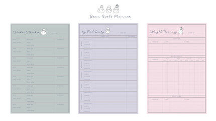 3 set Weight Training  and Food Diary and workout tracker Planner. Cute style with Sean and Sea partners. Plan you food day easily. Vector illustration.