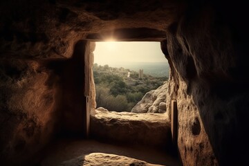 View from the stone inhabited cave on the panoramic natural landscape made with generative AI