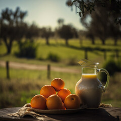 Uma jarra de suco de laranja com várias frutas alaranjadas ao redor da jarra em uma fazenda com a paisagem maravilhosa e o gramado verde em um dia ensolarado.