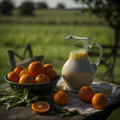 Uma jarra de suco de laranja com várias frutas alaranjadas ao redor da jarra em uma fazenda com a paisagem maravilhosa e o gramado verde em um dia ensolarado.