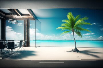 椰子の木が置かれたビーチ　企業の会議室 ビジネスイメージ　Generative AI 