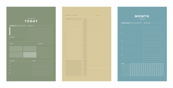 3 Set Of Daily, Weekly, Monthly Planner Template. Make Your Day More Easily And Happy. Vector Print Template.