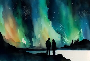 couple watching the northern lights watercolour Generative AI