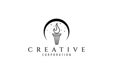 torch logo under crescent moon decorated with twinkling stars in flat design style
