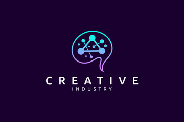 brain logo and molecular or DNA symbol in blue purple gradient color in simple flat design style