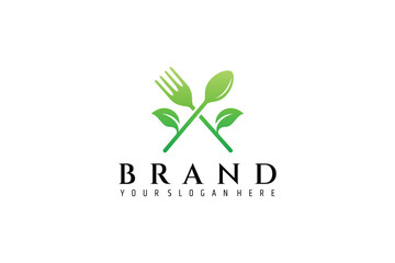 healthy food logo, spoon and fork vector with leaves