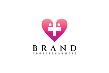 medical health care logo, vector template of heart with medical cross and people icon