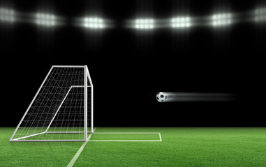 The soccer ball is flying into the goal on the soccer field. ball game concept