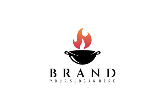 frying pan logo with burning fire