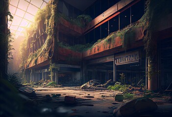post apocalyptic shopping mall, dystopic overgrown ruin, banner format, digital painting. Generative AI