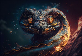 Powerful Epic Legendary Snake in Universe. Spiritual Animal Awakening Concept.Magical Fantasy Epic Wallpaper. Generative AI