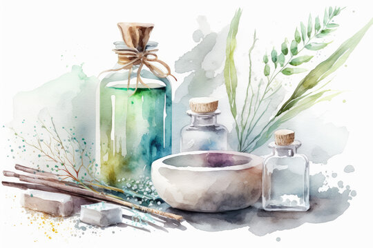 Wellness spa natural cosmetics, watercolor relaxation and meditation illustration, aromatherapy generative ai