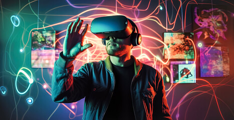 AI virtual reality, a person wearing a futuristic VR headset fully immersed in a breathtakingly realistic virtual world of the metaverse (generative AI)