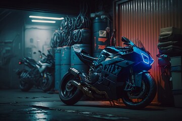 Fototapeta na wymiar Powerful Sports Bike in a Garage. Created Using Generative AI.