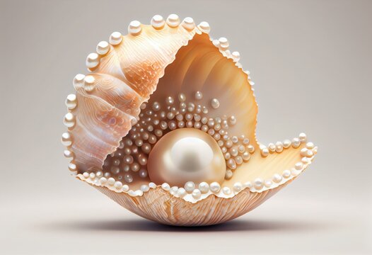 Pearl inside seashell. 3d illustration isolated on white background. Generative AI