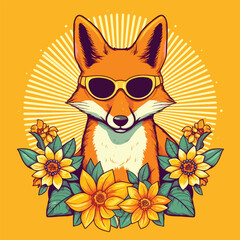 Vintage Fox and Sunflowers: A Nostalgic Vector Graphic