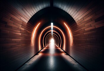 a tunnel with a bright light coming from it's end and a long hallway with a tiled floor and walls, with a long exposure of light coming from the end.  generative ai